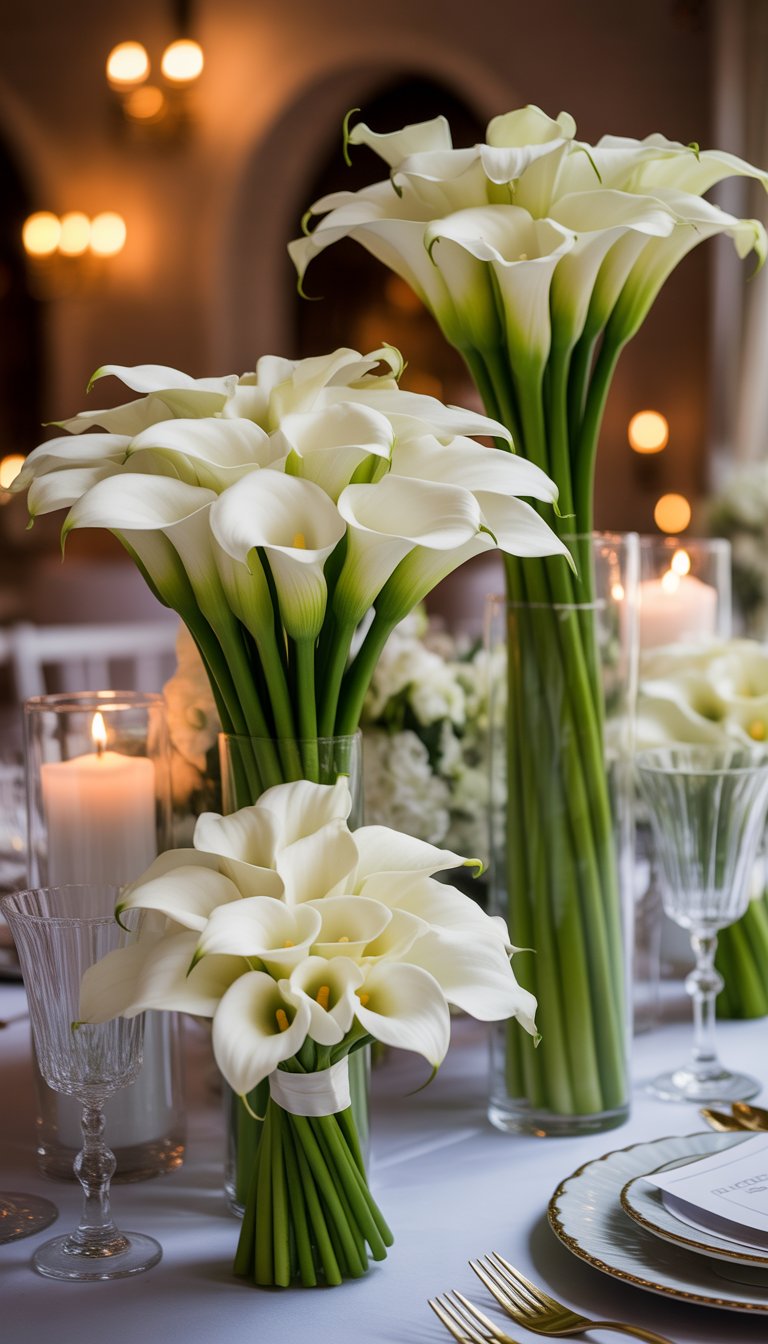 White calla lily bouquets arranged on a wedding dinner table with candles and elegant table settings.